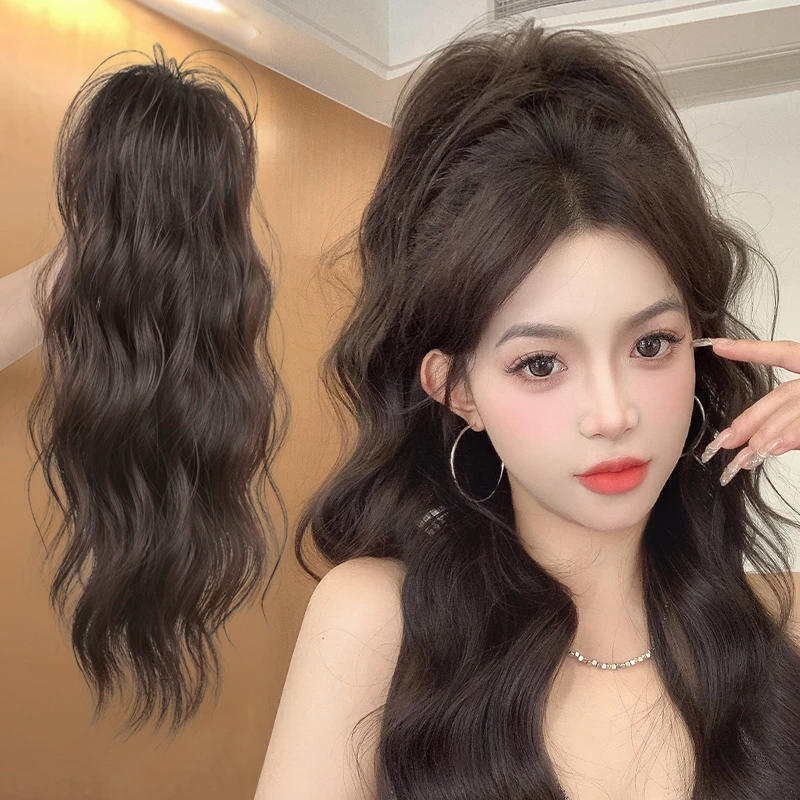 半扎发瀑布高马尾假发抓夹女水波纹仿真长发辫子羊毛卷高颅顶马尾