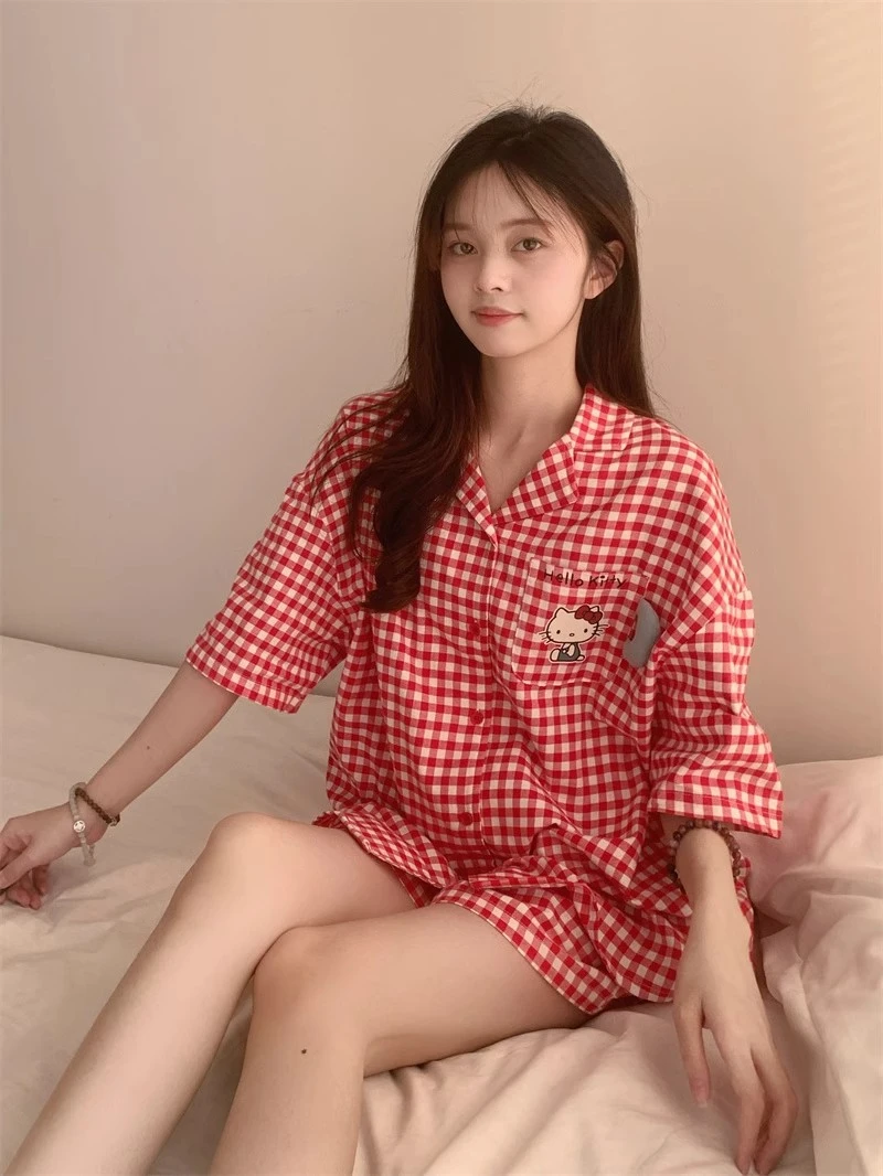 【HelloKitty格纹】韩系少女甜美风睡衣女夏季新短袖短裤家居服套装