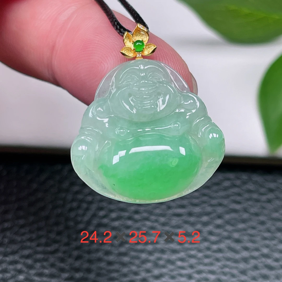 天然缅甸翡翠A货～冰糯种飘阳绿大肚佛公吊坠18k冰润绿玉佛挂件37
