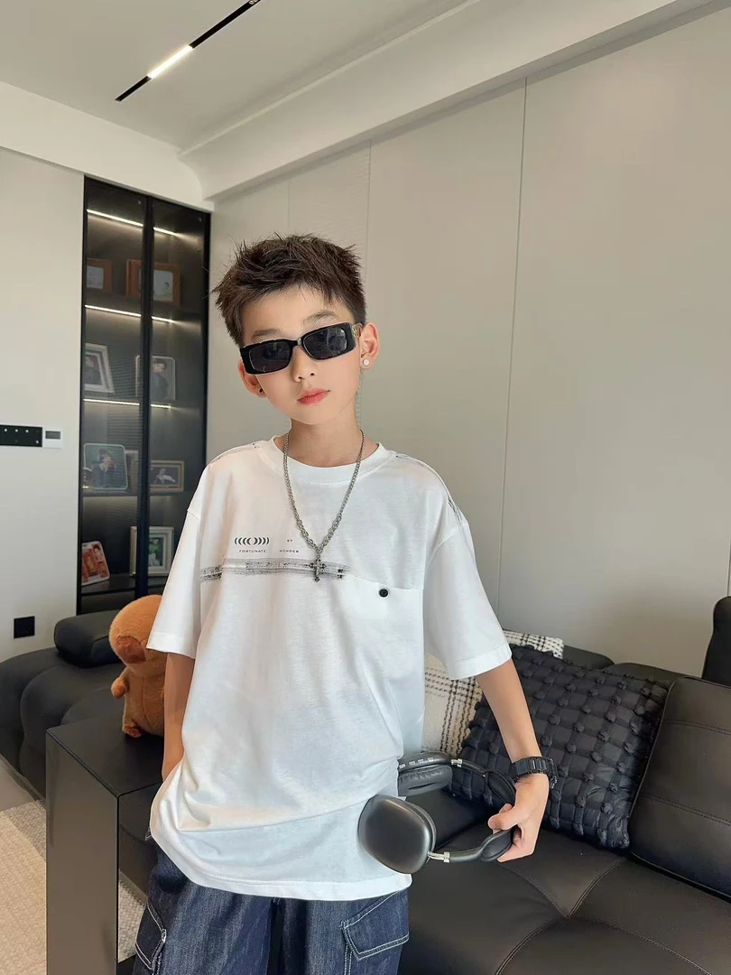 男童夏季简约冰感拼接短袖T恤中大童潮童装