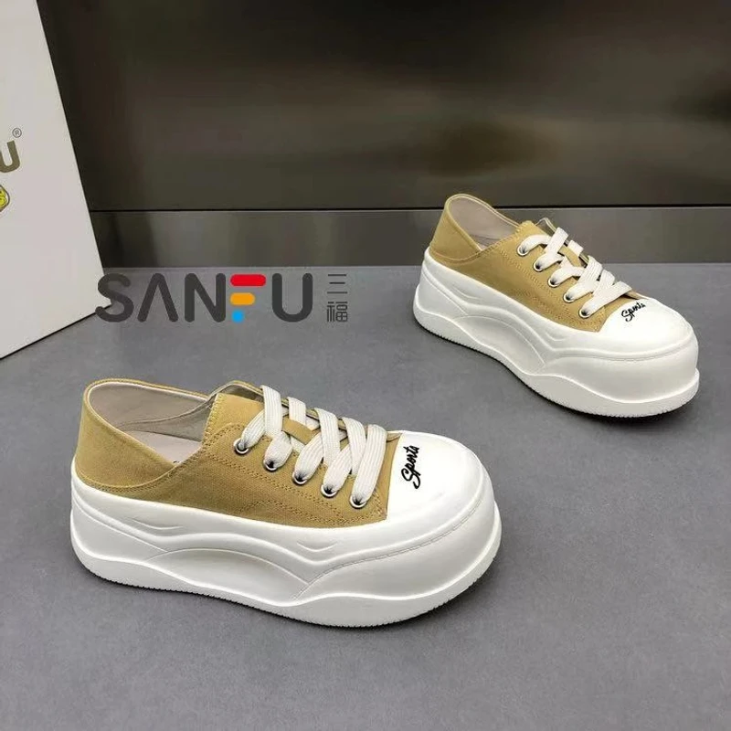 三福厚底增高帆布鞋女2025春秋新款软底轻便小白鞋系带大头休闲鞋