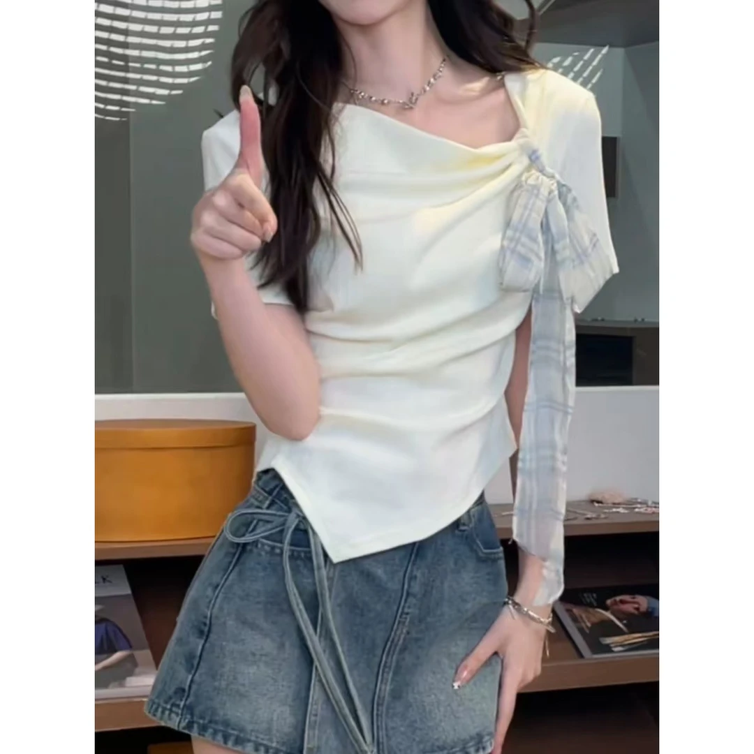 法式时尚蝴蝶结绑带不规则格纹设计短袖T恤春夏设计感修身上衣潮