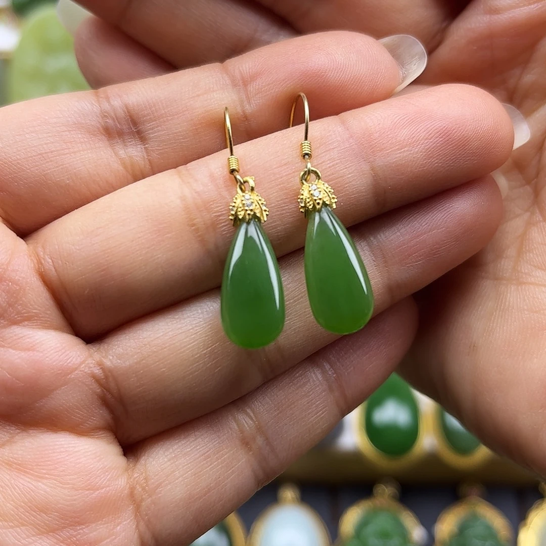 和田玉银S925镶嵌耳饰