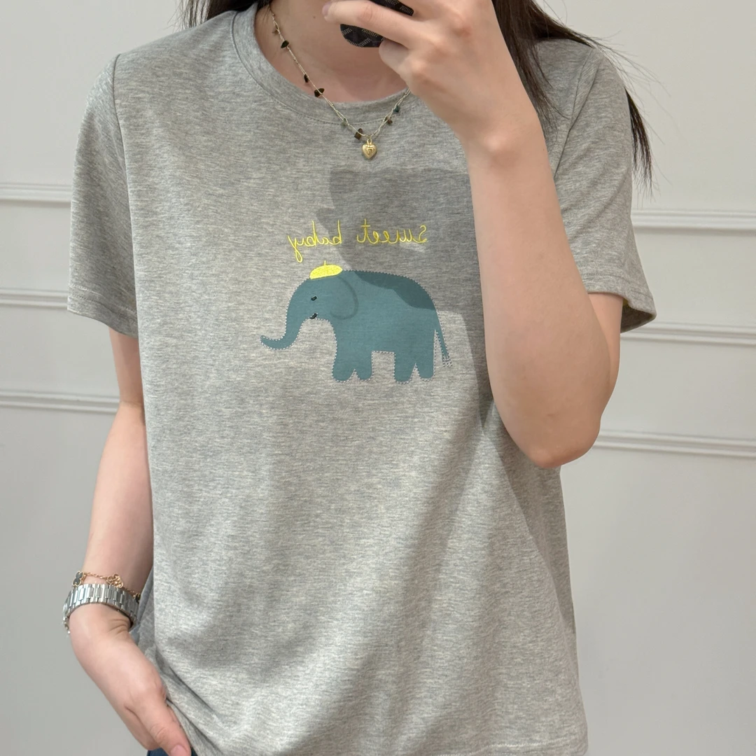 NANA【小熊&小象】灰色卡通正肩刺绣款短袖T恤C0338