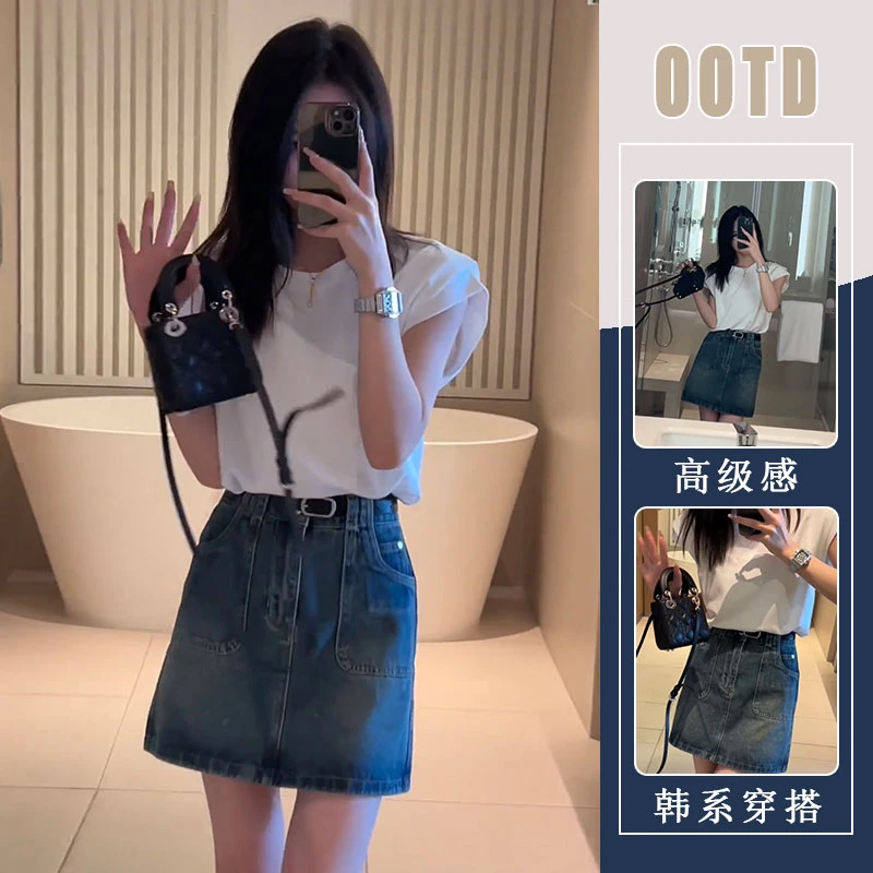 夏装搭配一整套小个子活泼减龄T恤上衣女牛仔半身裙休闲两件套装