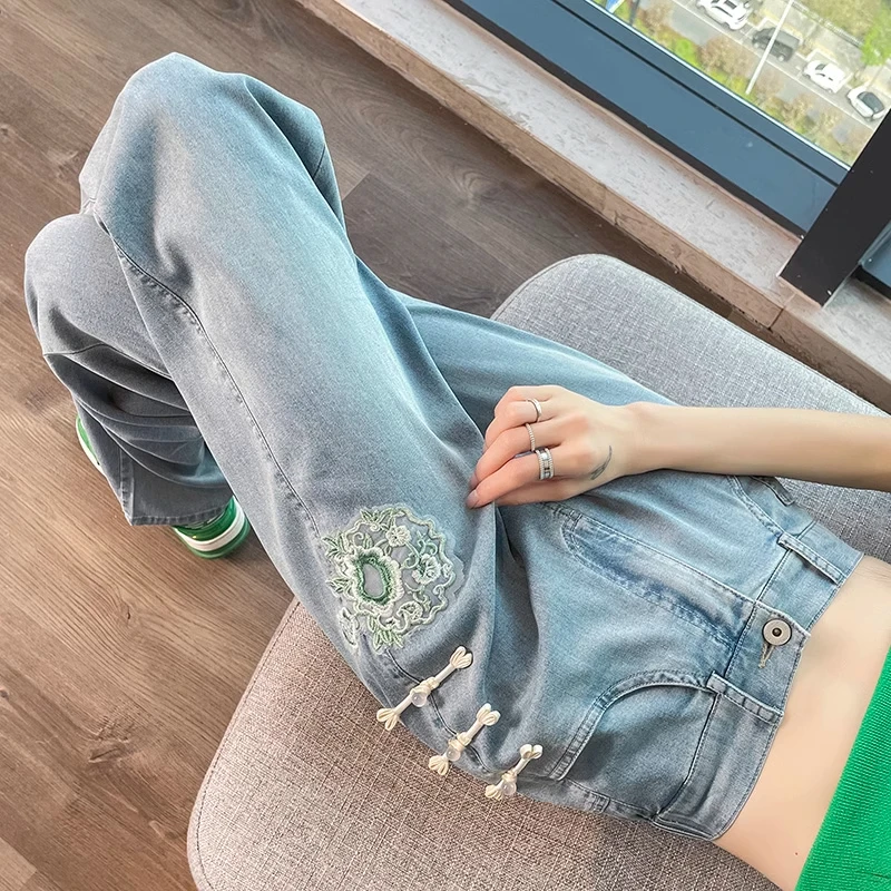 新中式国风刺绣天丝牛仔裤女夏季薄款直筒盘扣绣花垂感窄版阔腿裤