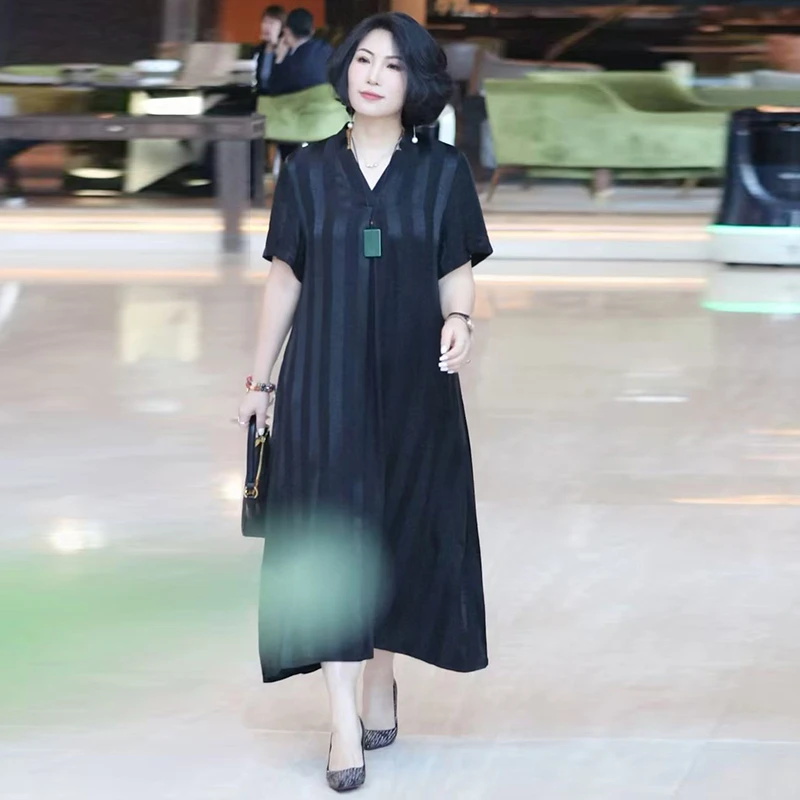 H夏季新款大码200斤醋酸真丝连衣裙时尚洋气高档中式显瘦过膝长裙