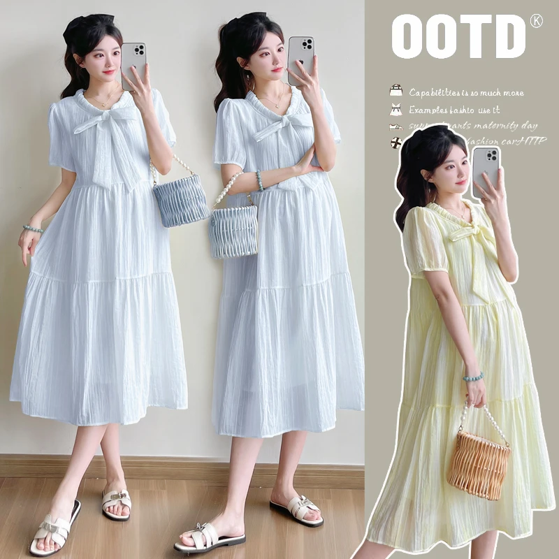 孕妇装夏季2025新款遮肚时尚韩版连衣裙甜美减龄小清新蝴蝶结裙子