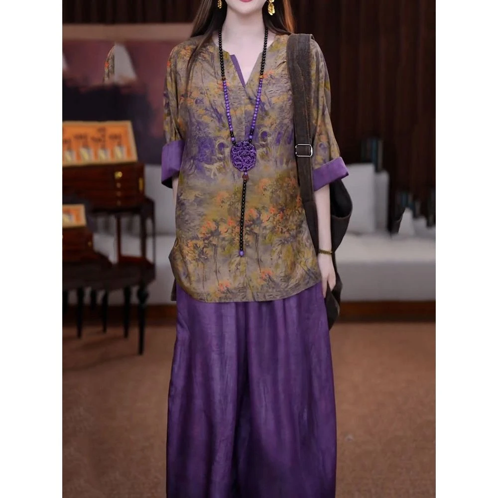 端庄优雅文艺风裤套装女2025夏季新款高级感休闲百搭衬衫+阔腿裤