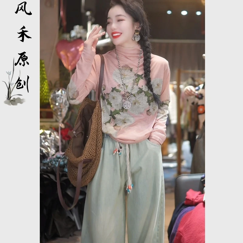 风禾原创【6616】早春新款时尚百搭洋气轻奢堆堆领印花套头打底衫女