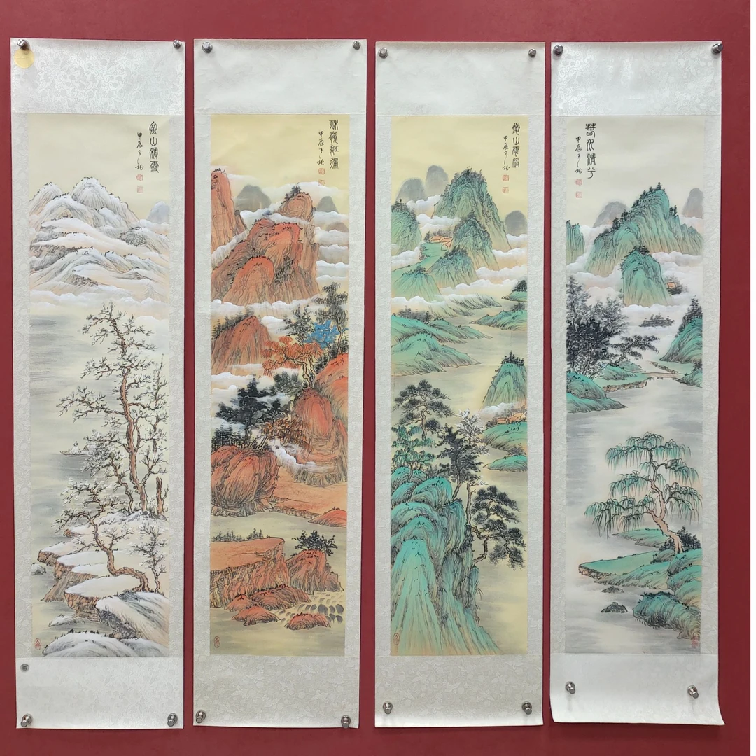 王秘书画结合山水四条屏纯手绘