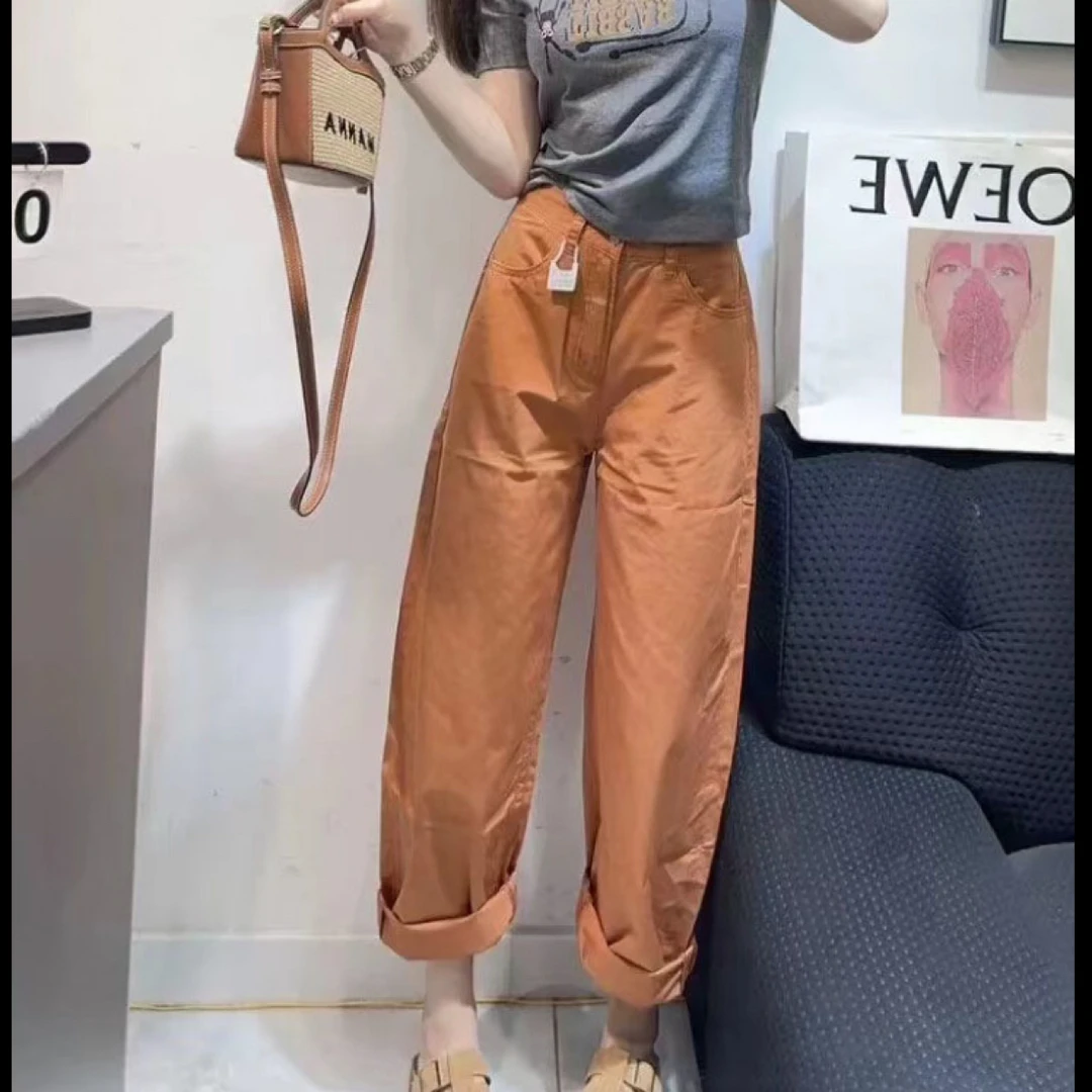 八分弯刀牛仔裤夏季田园风格弹力宽松高腰设计