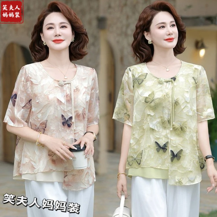 2025夏季新款时尚中老年女装中国风盘扣秋衫遮肚子雪纺衫小衫