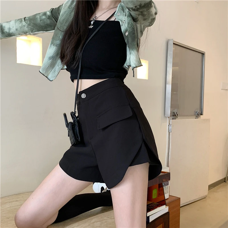 短裤子休闲裤宽松简约胖mm复古大码A字百搭阔腿裤热裤高腰设计感