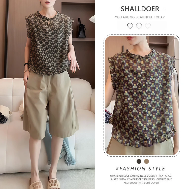 2025年夏季新款韩系无袖碎花上衣女宽松木耳边设计感小众洋气衬衫