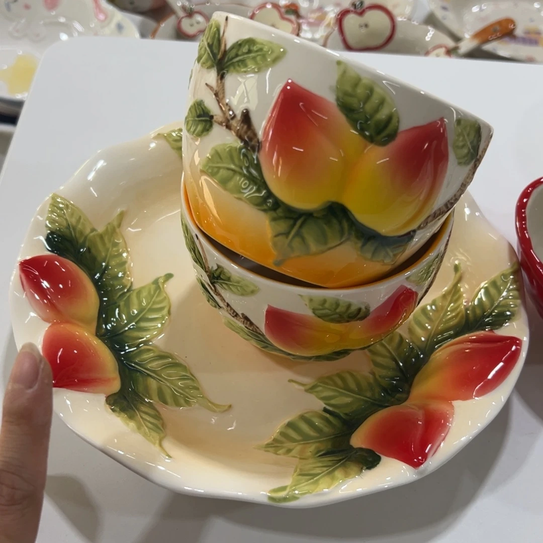 陶摆件4盘4碗高温陶瓷釉下彩微瑕！