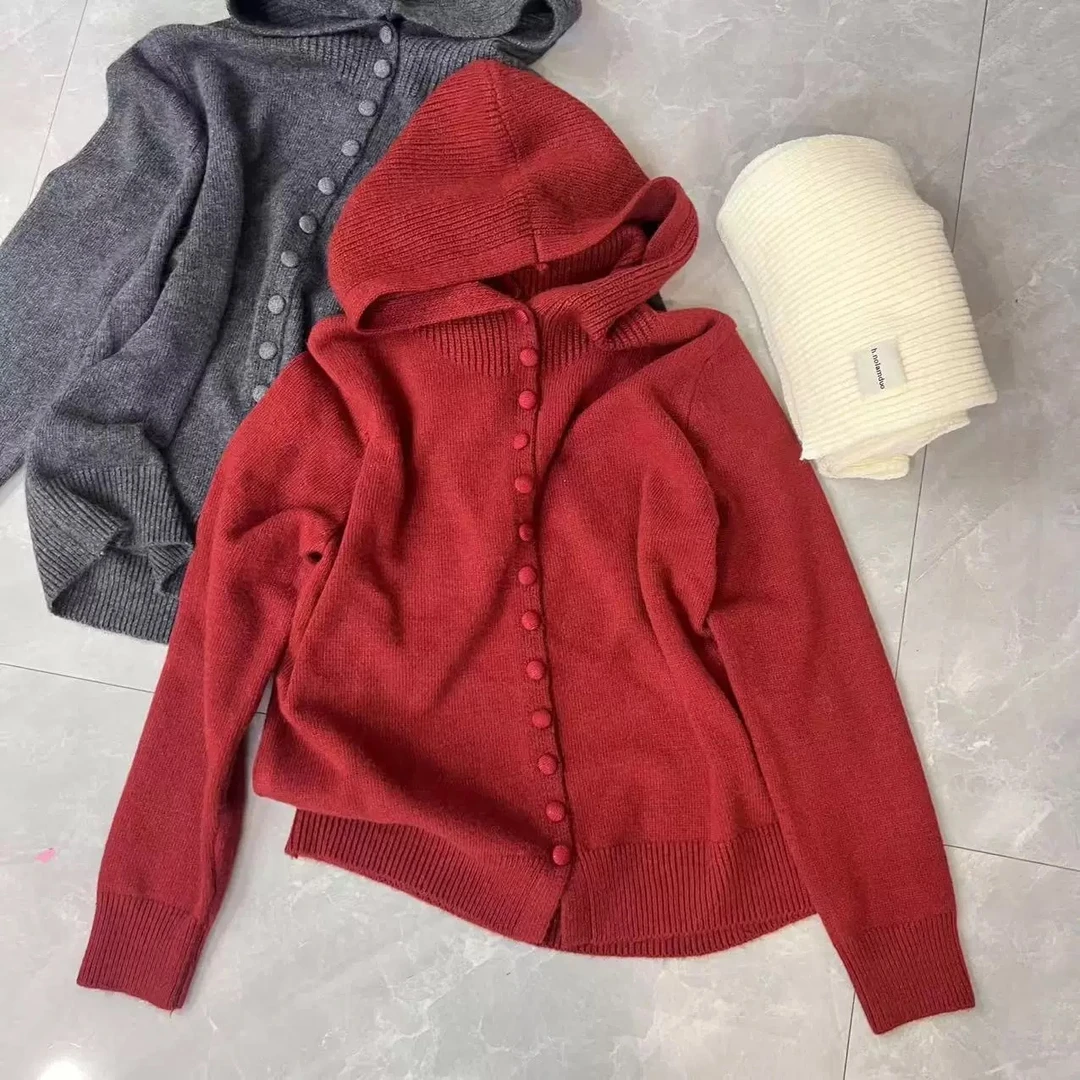 【多扣连帽】新款韩系设计感提花针织开衫毛衣