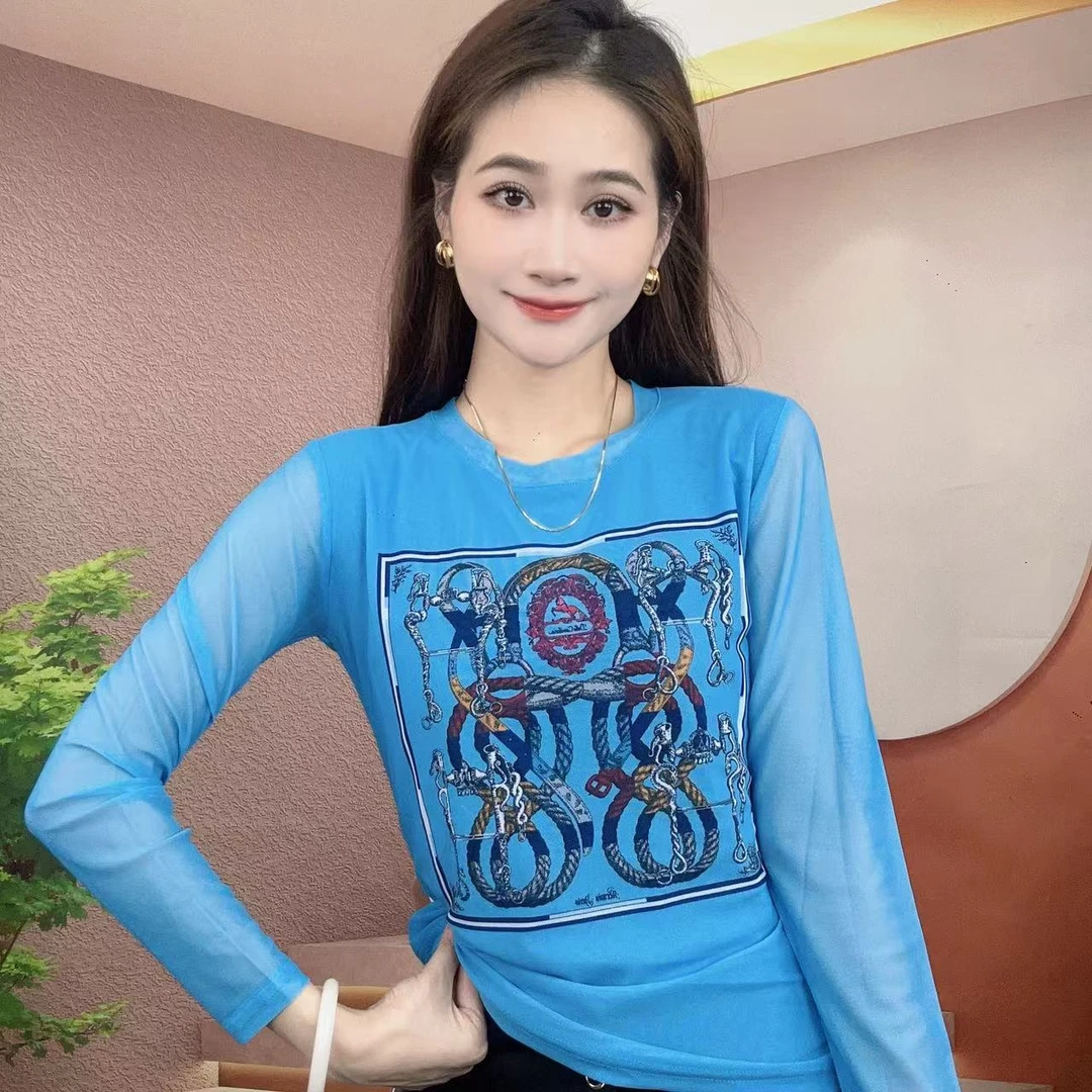 2025夏季新款长袖圆领肌肤纱时尚显瘦印花T恤上衣A335