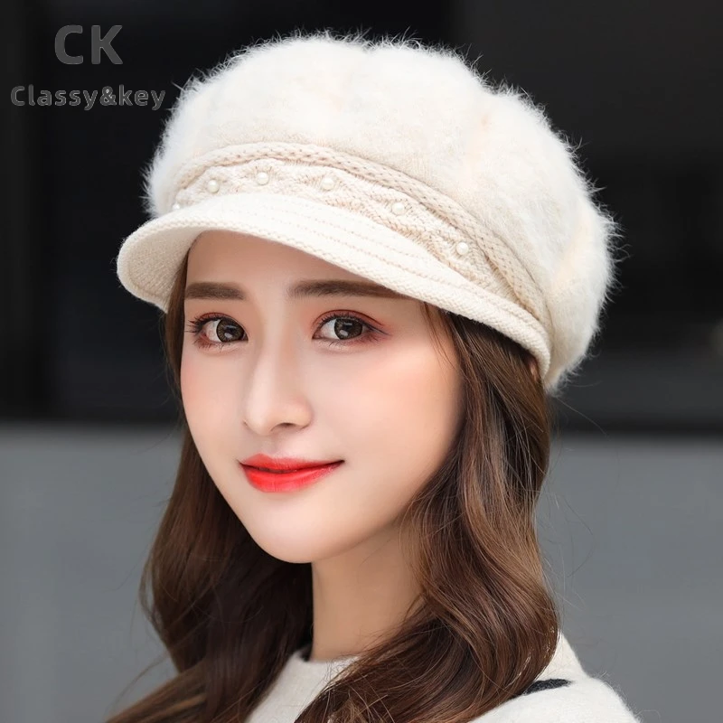 Classy key新加坡设计师联名款秋冬时尚保暖帽兔毛针织毛线贝雷帽