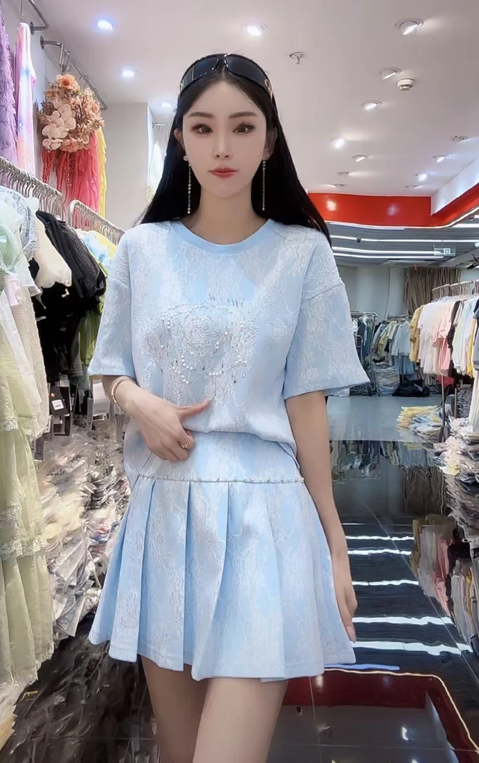 淑雅阁服饰 夏季蕾丝花纹上衣半身裙气质减龄休闲套装女装5623
