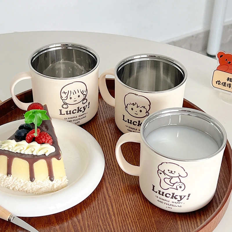 卡通幸运男孩女孩家用咖啡杯食品级儿童加厚防烫幸运牛奶杯洗漱杯