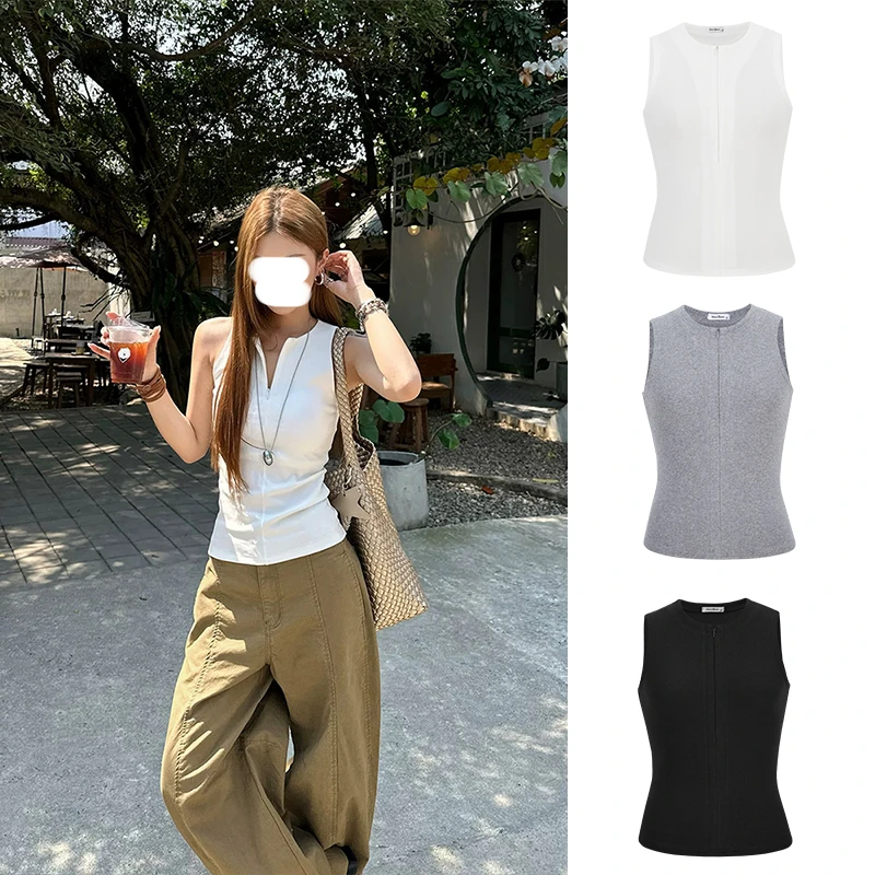 Moses Queen/魔西女王辣妹圆领拉链无袖吊带背心女夏时尚修身上衣