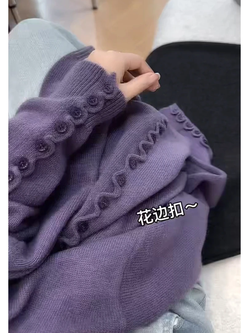 紫色半高领长袖针织衫女秋冬时尚洋气木耳边显瘦毛衣外搭别致上衣