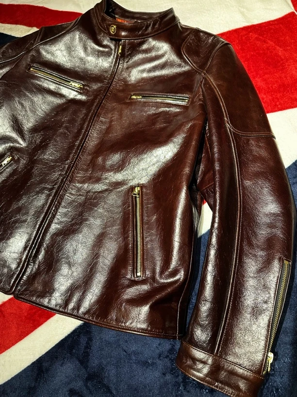 重磅酒红色油蜡牛皮J100骑行夹克