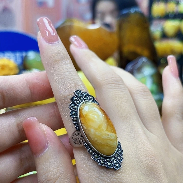 琥珀银S925镶嵌颈饰戒指