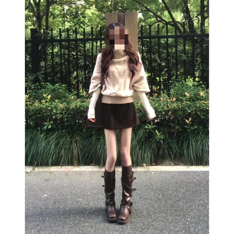 秋季法式气质宽松高领毛衣长袖内搭上衣高腰显瘦半身裙套装X11400