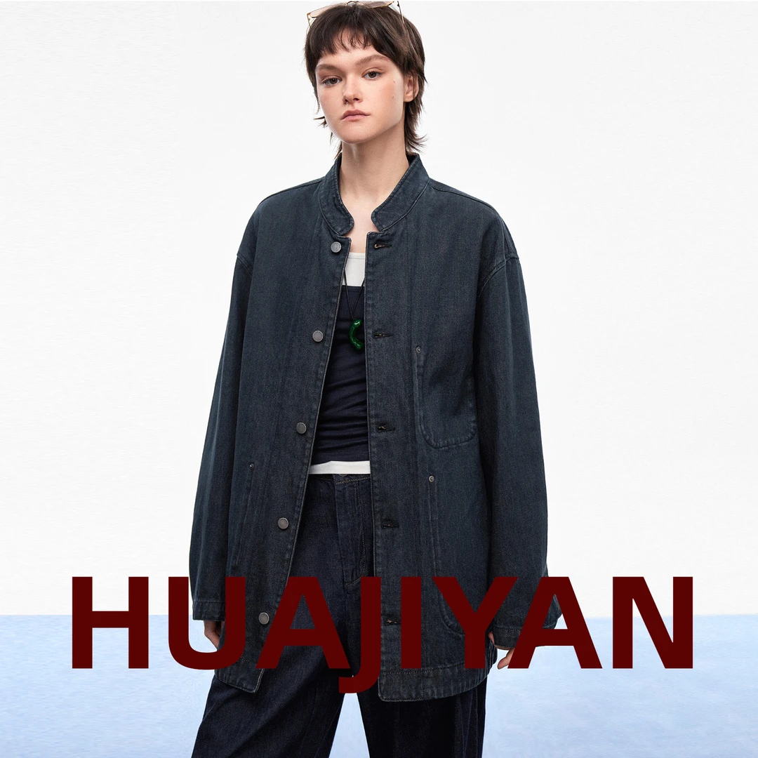 华吉言/HUAJIYAN【古着牛仔】蓝耳丹宁古法茶染水洗古着感牛仔外套