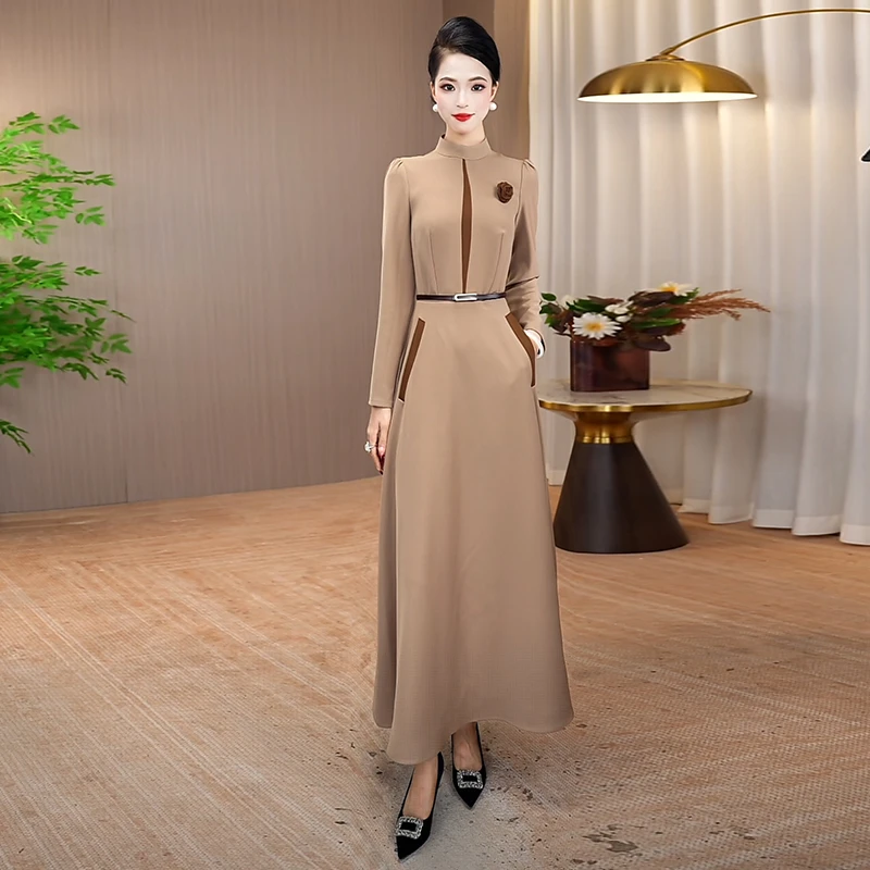 卡其色连衣裙女2025秋季新款修身显瘦气质收腰长裙拼接轻奢裙子