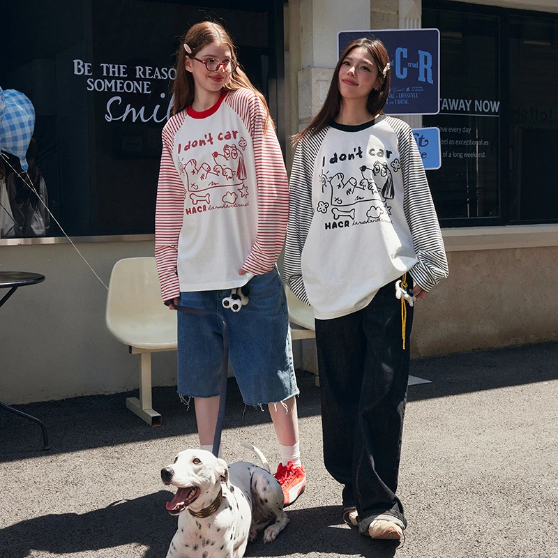 HACR手绘小狗插肩袖长袖t恤早秋国潮宽松慵懒感情侣装t恤男女