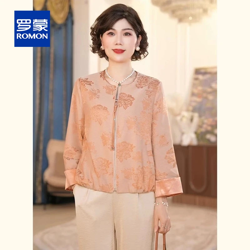 中年妈妈春装新中式短款外套2025新款洋气中老年女装宽松提花上衣