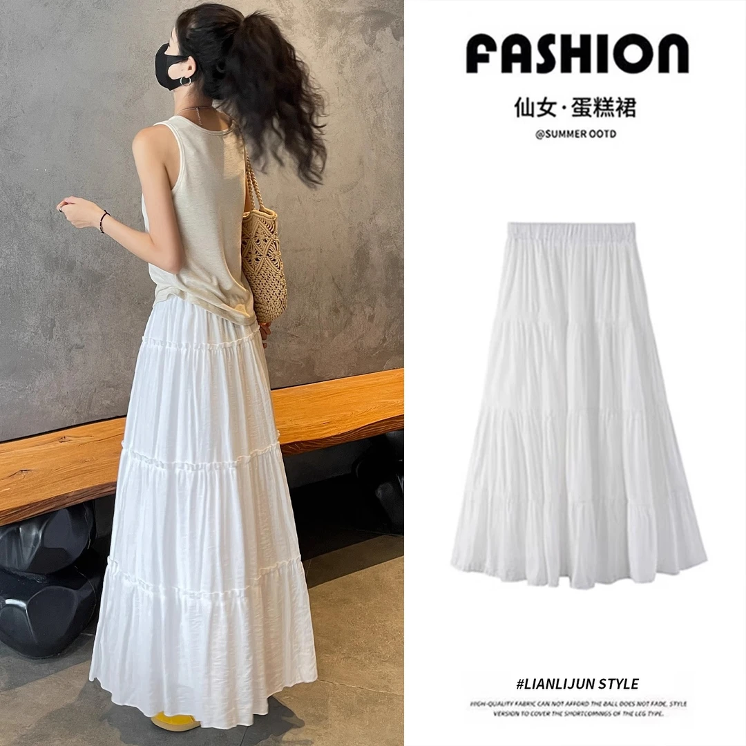 汐佑白色半身裙女夏2025新款高腰显瘦a字中长款蛋糕裙法式蓬蓬裙