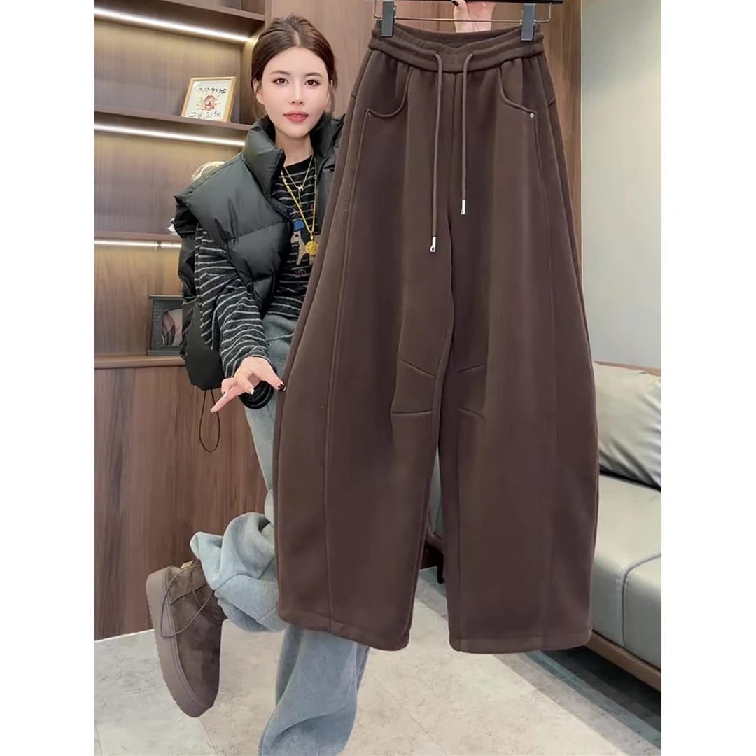 加厚奥粒绒弯刀裤卫裤女今年年欧货秋季松紧腰休闲阔腿裤保暖裤子