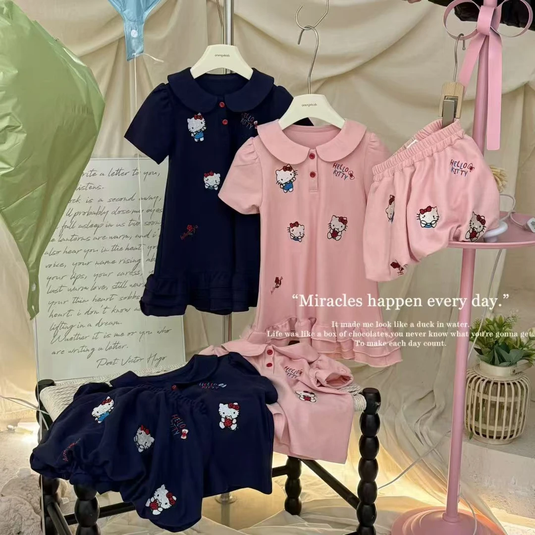 【橘子家】女童亲子家居两件套夏款新款卡通KT猫连衣裙套装HS62045