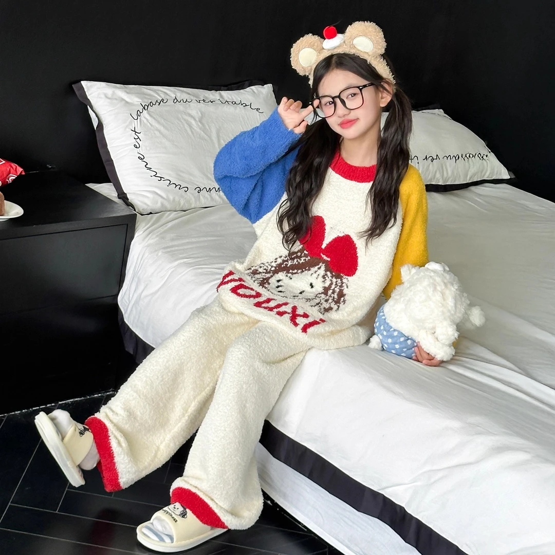 儿童秋冬睡衣2025新款女童冬季珊瑚绒家居服女大童加厚半边绒套装
