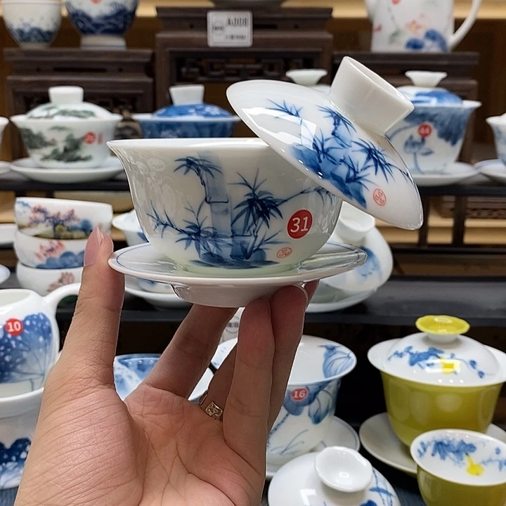 手绘竹子悬停盖碗150cc釉下彩微瑕福利款