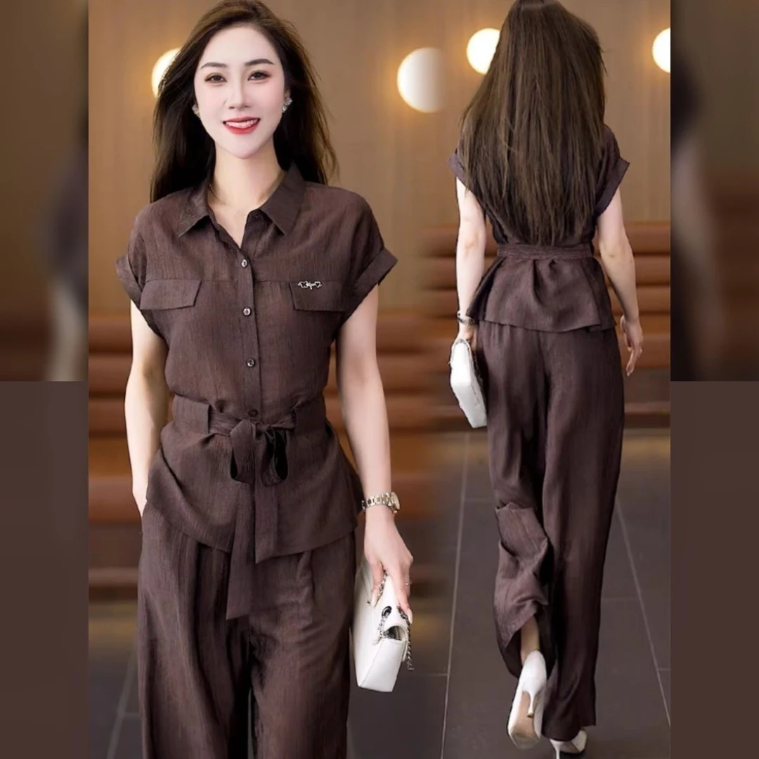 时尚洋气质套装女2025夏季新款遮肉显瘦衬衫阔腿裤短袖休闲两件套