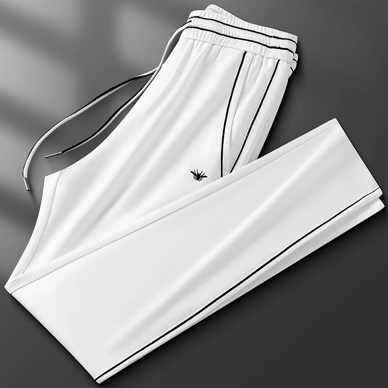 男士春夏季莫代尔卫裤男刺绣松紧拉绳明辑线直筒高端运动休闲裤男