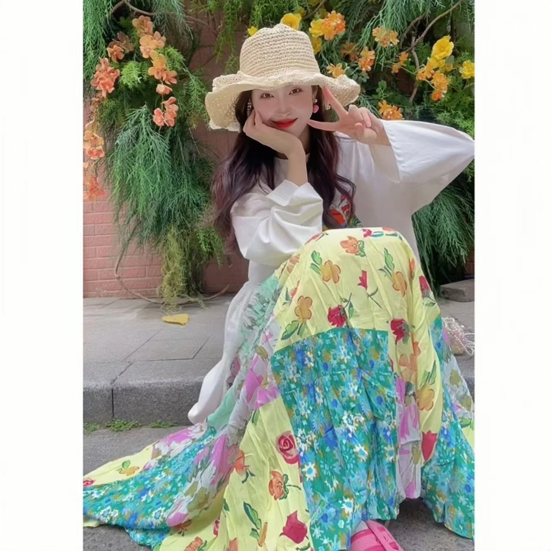 燃冉【海德花园】春夏韩系高腰碎花显瘦半裙甜美褶皱设计感半裙