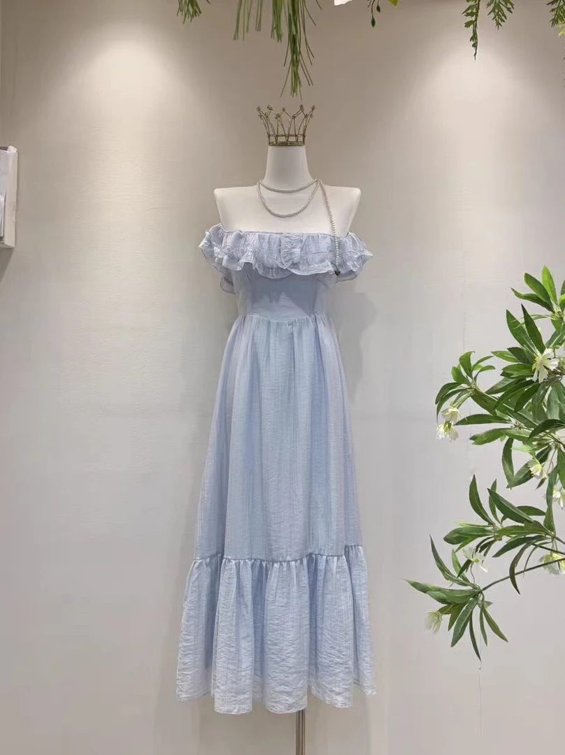 lolita荷叶边一字肩连衣裙夏季新款裙子法式复古气质显瘦连衣裙