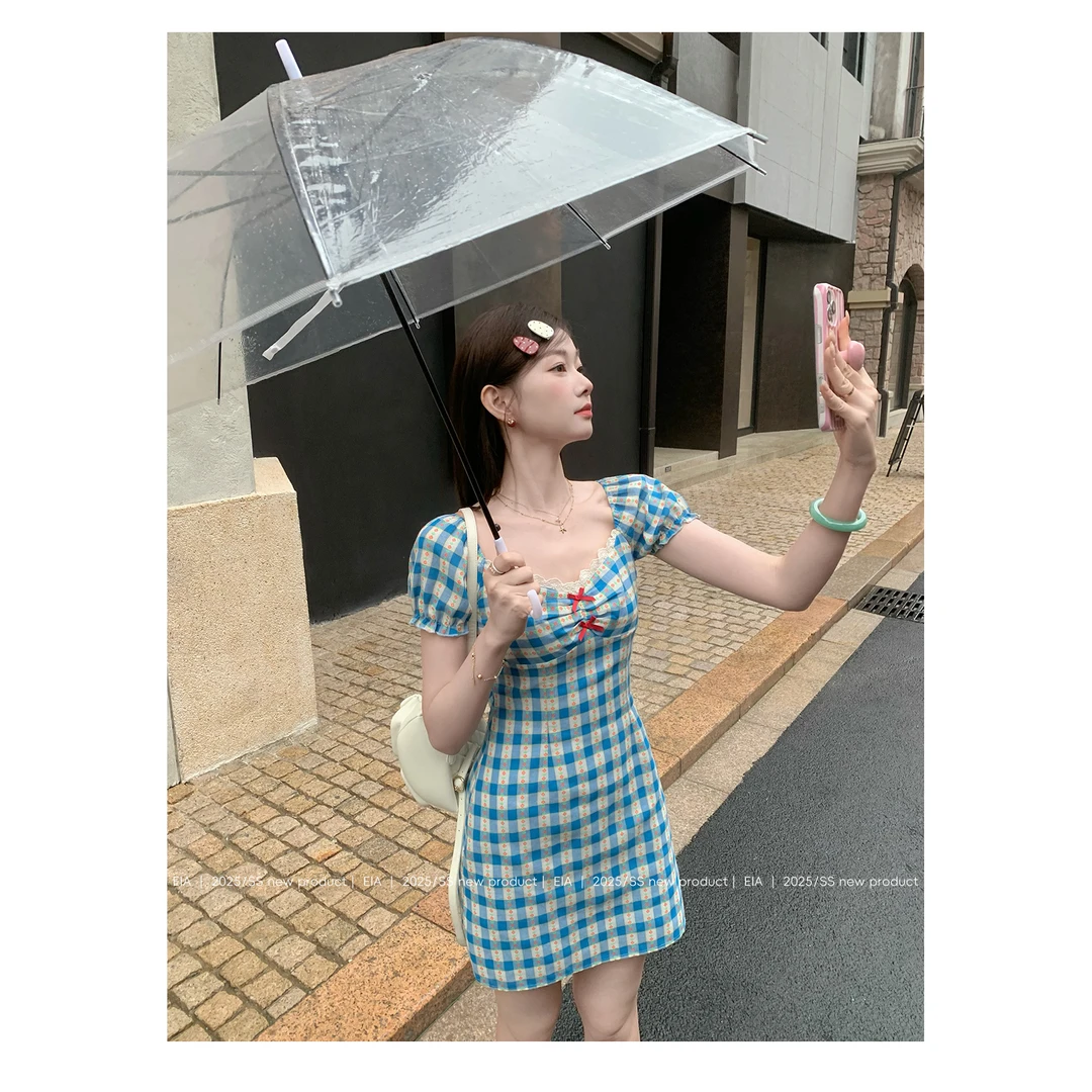 EIA一尧海盐泡芙韩系格纹连衣裙裙子女夏甜美温柔拼接蕾丝公主裙