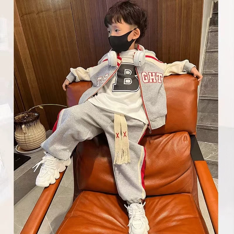 2025春秋新款韩版休闲宽松拼接儿童连帽休闲外套套装洋气时尚套装