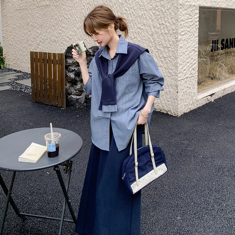 韩版文艺长袖范披肩条纹衬衫套装女春秋2025休闲气质三件套显瘦