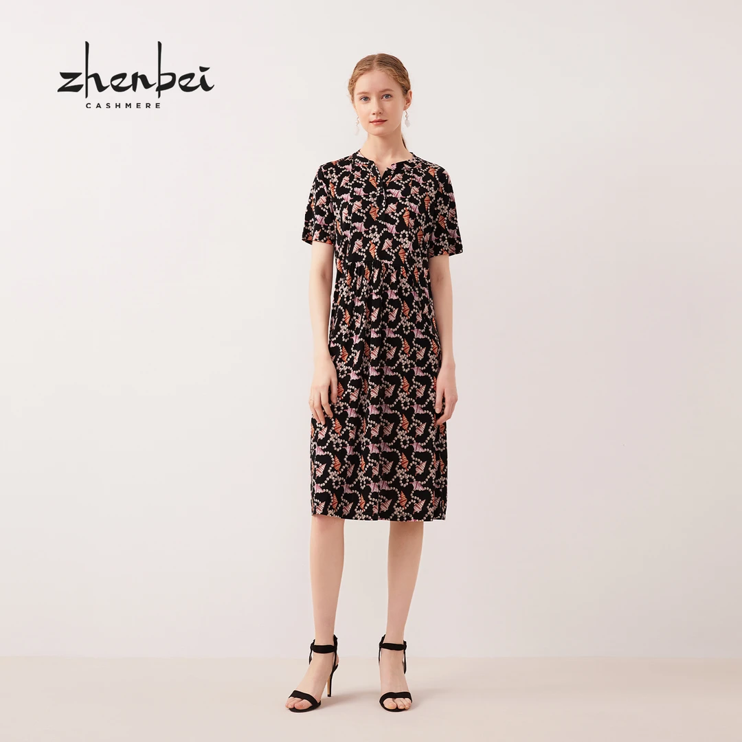 ZB/珍贝春夏新品气质优雅复古桑蚕丝立领印花连衣裙/77410