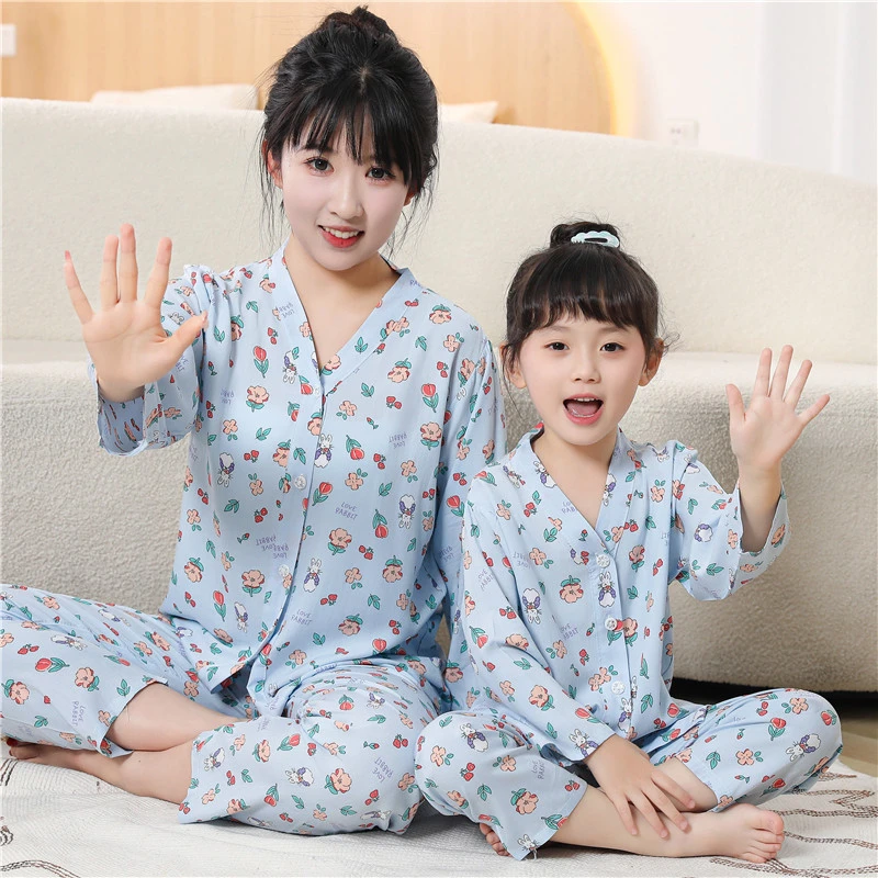 儿童夏季绵绸亲子装长袖薄款男女空调服儿童睡衣中大童居家服套装