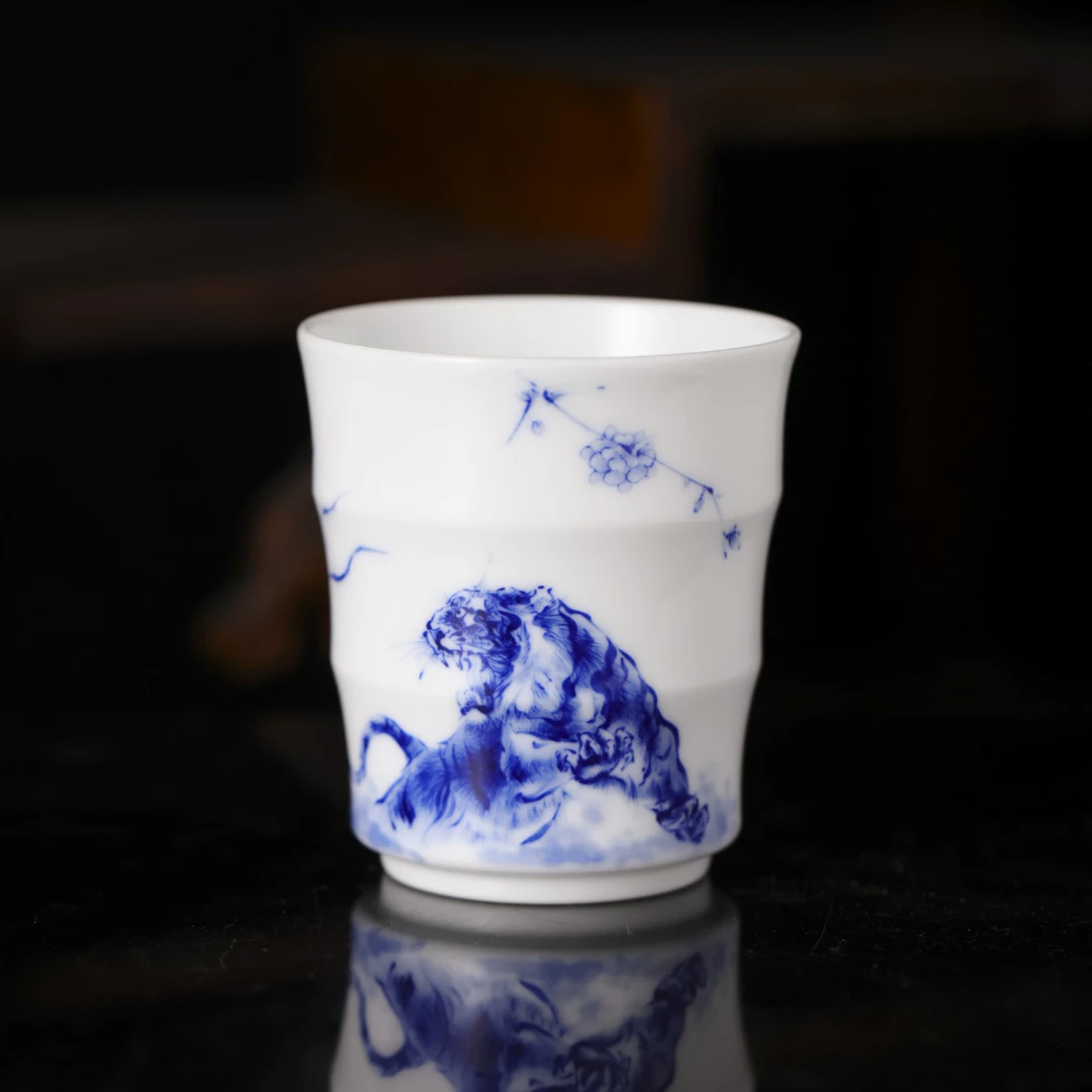 九段烧-九段妙手花鸟竹节杯（龙虎）-陶瓷主人杯手绘有差异