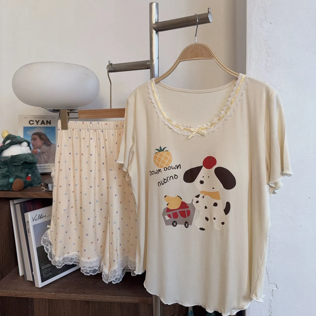 莫代尔睡衣女夏季短袖短裤少女清新黄色小狗带胸垫可外穿家居服